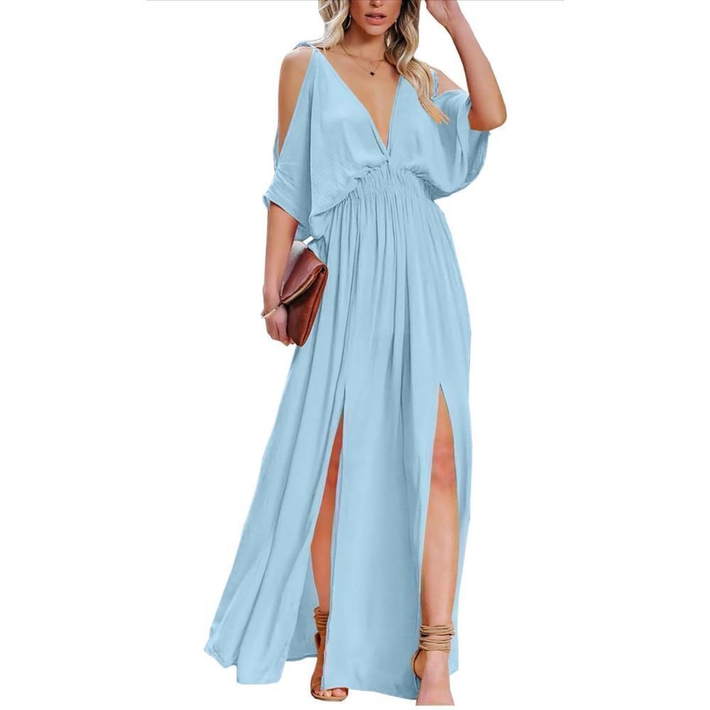 NEW DEEP SELF Light Blue V Neck Short Sleeve Maxi Dress M